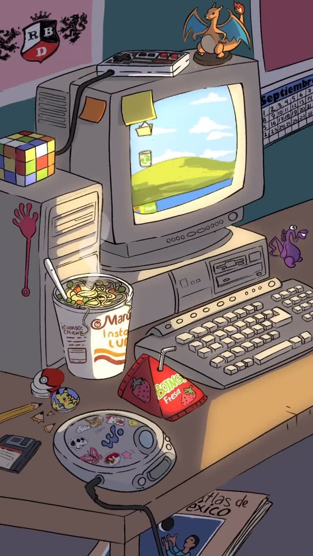 Изображение компьютера на компьютерном столе с едой, фишками покемонов и клубничным соком