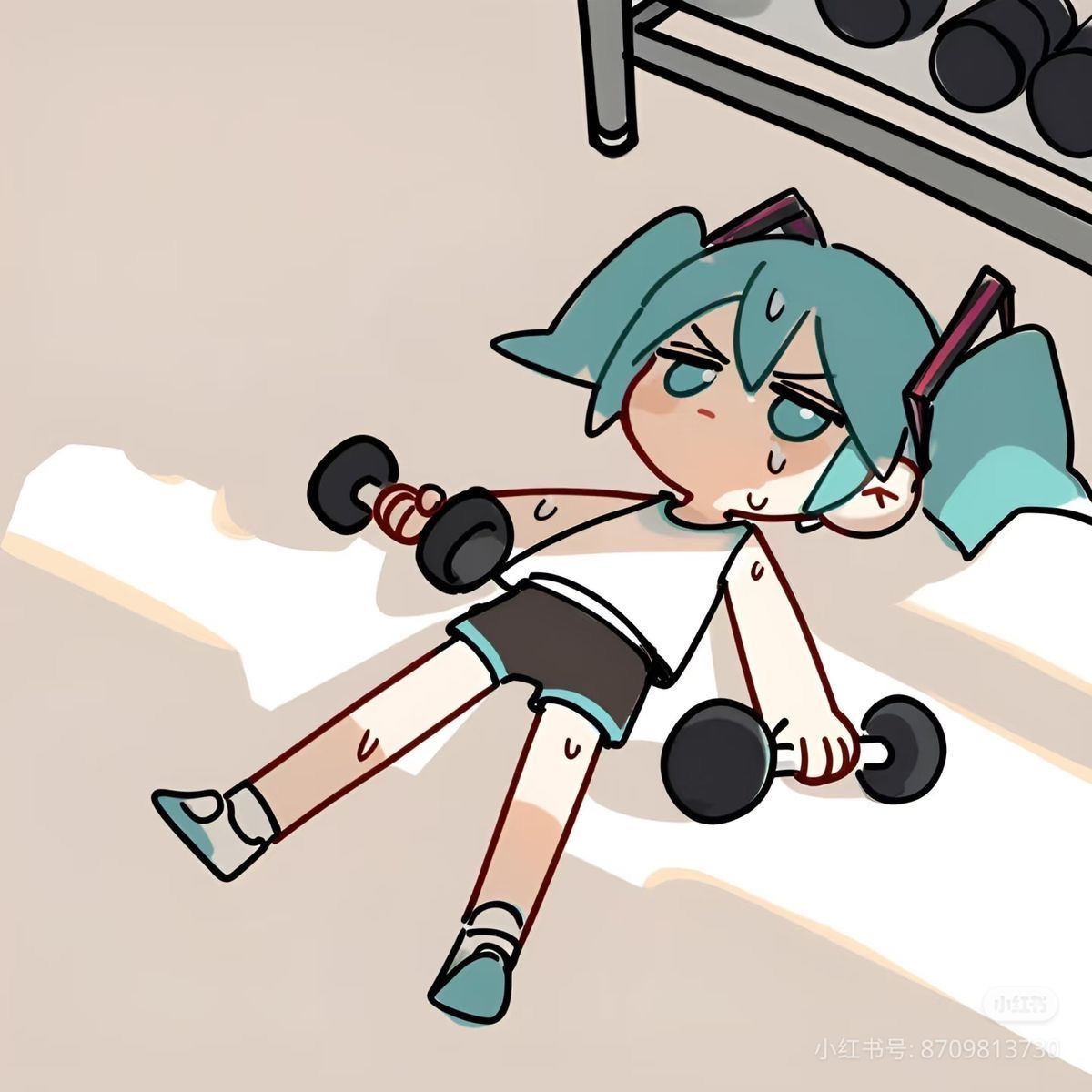 Изображение Хатцуне Мику в образе лоли с гантелями. Она устала от упражнений